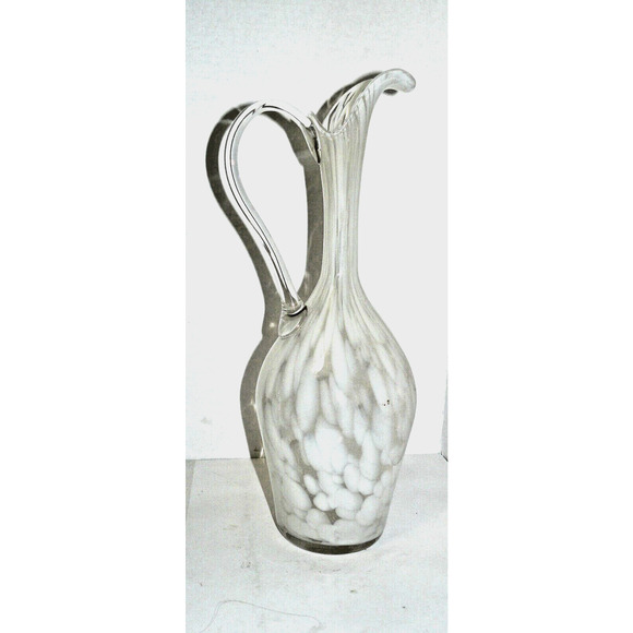 Rare Hand Blown Glass Swung Pitcher Vase 15" Clear & White Vintage MCM Abstract - Picture 1 of 7